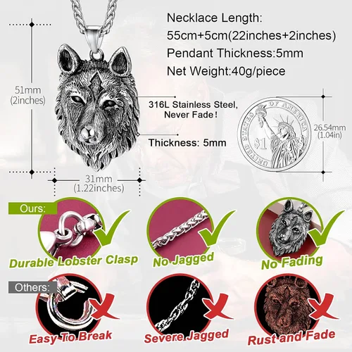 Miniatura 4 de FaithHeart Collar con colgante de lobo vikingo nórdico para hombres y mujeres, acero inoxidable, chapado en oro de 18 quilates, joyería con embalaje