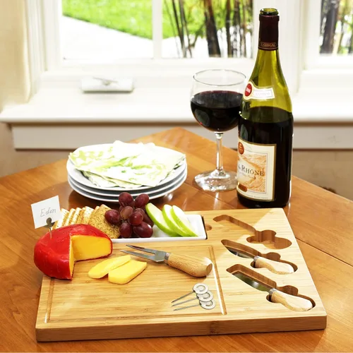 Miniatura 6 de Tabla de cortar de bambú grabada personalizada para queso y embutidos con plato de cerámica, juego de cuchillos y marcadores de queso, diseñada