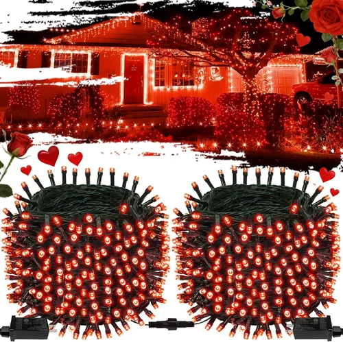 Guirnalda de luces de Navidad, paquete de 2 unidades, se pueden conectar entre si, 164 pies, 400 focos LED rojos, impermeables, para interiores y