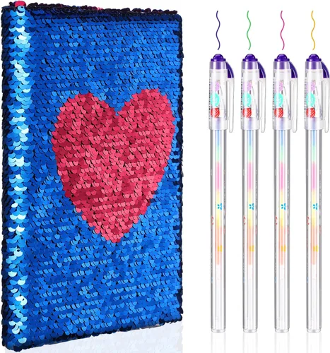 Miniatura 12 de Outus Diario de San Valentín con lentejuelas para niñas, 4 unidades, con bolígrafos de tinta de gel de color, cuaderno con purpurina, diario