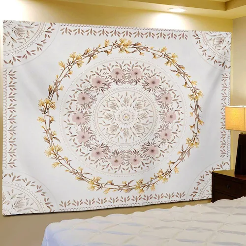 Miniatura 8 de Tapiz bohemio naranja para colgar en la pared, medallón floral de mandala, tapiz hippie con diseño de corona estética marrón claro, manta de Crema