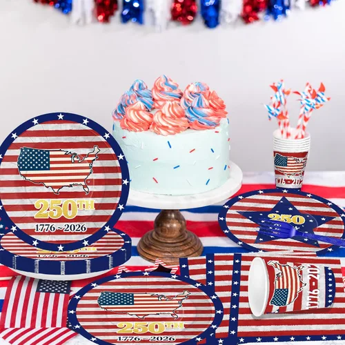 Miniatura 5 de 168 piezas de suministros para fiesta del Día de la Independencia del 4 de julio, platos y servilletas, tazas, cuchillo y tenedor para 250