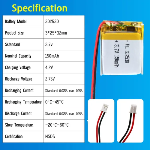 Miniatura 4 de 302530 Batería Lipo 3.7V 150mAh 302530 Paquete de Batería Recargable de Polímero de Litio con Conector JST PH2.0mm para Dispositivo Electrónico