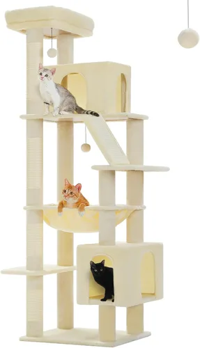 Miniatura 12 de Árbol para gatos de interior, 2 acogedores condominios con espaciosa percha superior, torre para gatos de varios niveles de 56.3 pulgadas con postes