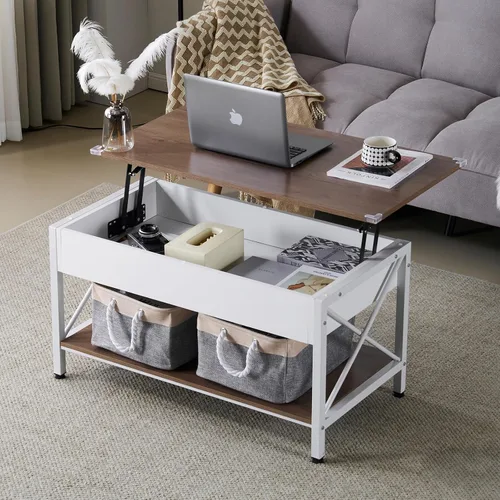 Miniatura 9 de VINGLI Mesa de centro elevable de 36" con contenedores de almacenamiento de tela gratis, mesas de centro negras rústicas de granja para sala