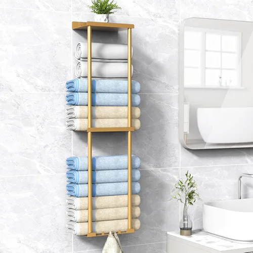 Miniatura 9 de Liuoud Toallero para Baño, Organizador Portador de Almacenamiento de Toallas Enrolladas Vertical Montado en la Pared con Estante, Sostiene Hasta 6
