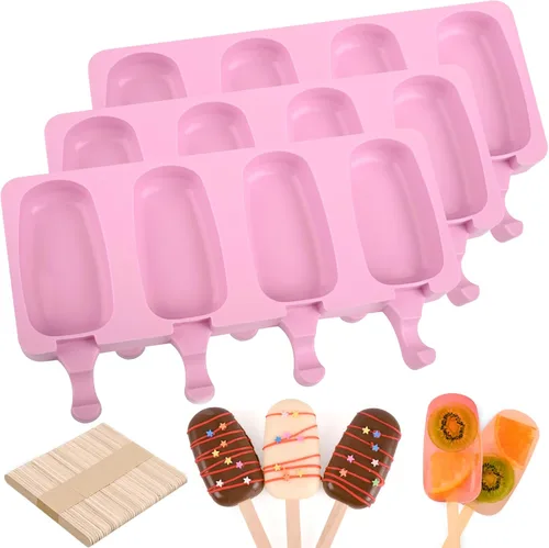 Miniatura 16 de Sakolla 2 paquetes de moldes de silicona para paletas, moldes de helado de diamante de 4 cavidades con 50 palos de madera para paletas de hielo