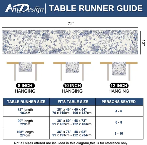 Miniatura 7 de AnyDesign Camino de mesa azul y blanco de 13 x 72 pulgadas, monocromático, pájaros, flores, cubierta de mesa retro floral para cocina, mesas