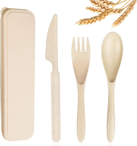 YDYTOP Juego de utensilios de viaje reutilizables con estuche, cuchillo portátil de paja de trigo beige, tenedor, cucharas, vajilla, cubiertos
