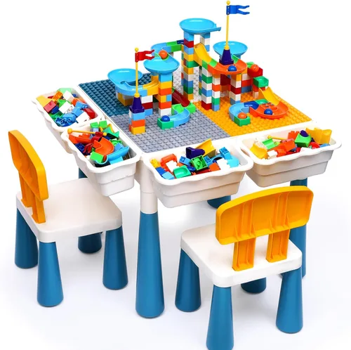 Arscniek Mesa de actividades para niños pequeños 7 en 1, juego de mesas de actividades y sillas con 152 bloques de construcción grandes de mármol,