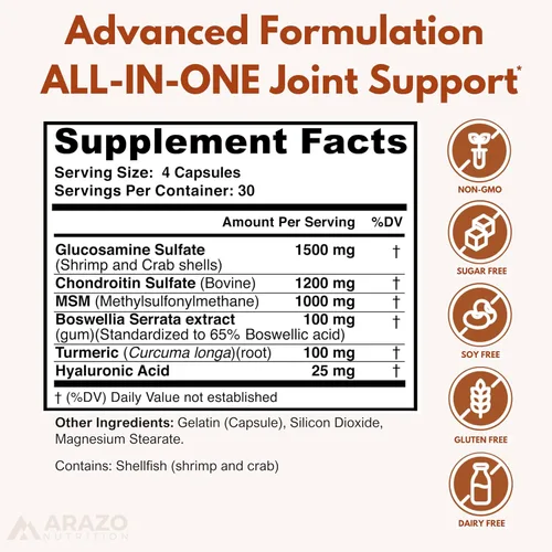 Miniatura 2 de Arazo Nutrition Glucosamina Condroitina Cúrcuma Msm Boswellia - Suplemento de apoyo articular para aliviar 120 cápsulas para huesos, espalda