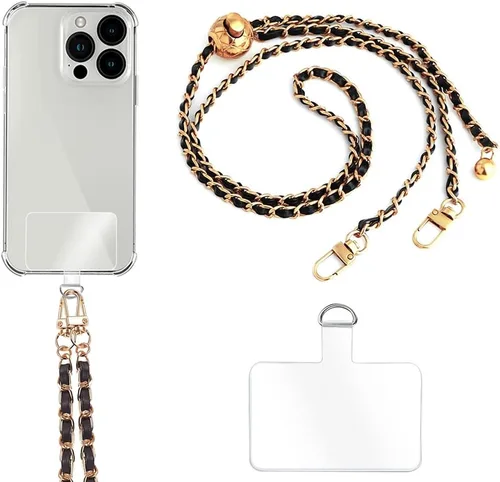 Miniatura 15 de Cordón de cadena cruzada para teléfono celular - Correa de hombro universal de cuero+metal con parches de amarre (J)