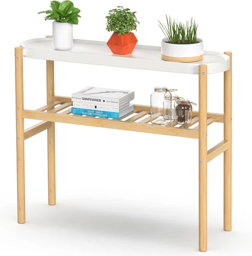 Wisuce Soportes de Plantas de Bambú para Interiores, Bandeja de Acero de 2 Niveles Soporte Alto para Plantas de Esquina y Estante de Exhibición de