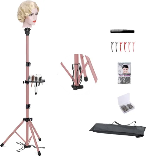 Miniatura 9 de Klvied Soporte para peluca con trípode ajustable, soporte para cabeza de maniquí con panel para pies, cabeza de peluca de metal reforzada