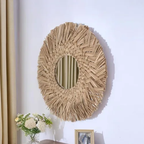 Miniatura 6 de Pssopp Espejo de pared de tejido de paja, espejo de decoración de pared, imágenes HD, hermoso retro, fácil de colgar, decorativo para baño (natural)