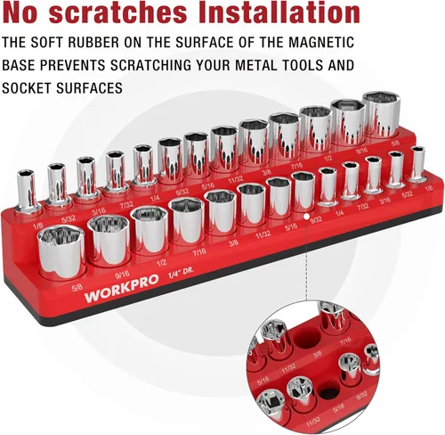 Miniatura 4 de WORKPRO Organizador magnético para llaves de vaso, portavasos SAE de 1/4 pulgadas, bandejas para llaves de vaso con capacidad para 26 piezas