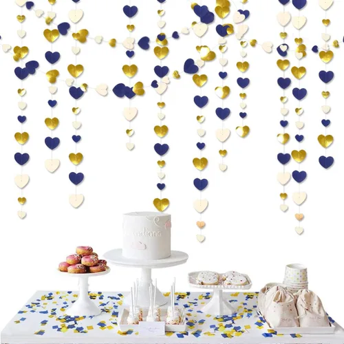 Miniatura 6 de 52 pies Guirnalda de corazón de amor dorado azul marino para decoración de fiesta del día de San Valentín Bandera de serpentina colgante azul real