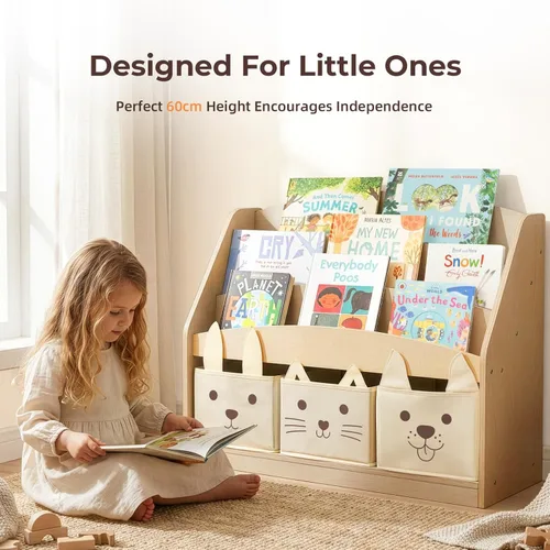 Miniatura 6 de OOOK Estantería infantil de 3 niveles con 3 contenedores de almacenamiento de tela extraíbles, estantería Montessori para niños pequeños