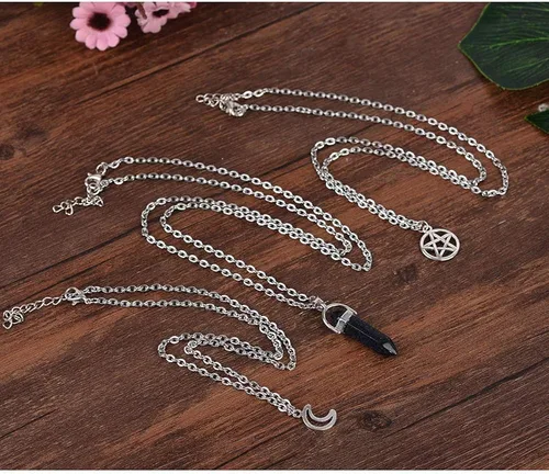 Miniatura 4 de MJartoria Collar de pentagrama de luna collar de chakra de cristal colgante con dije cadena de aleación multicapa conjunto de gargantilla joyería