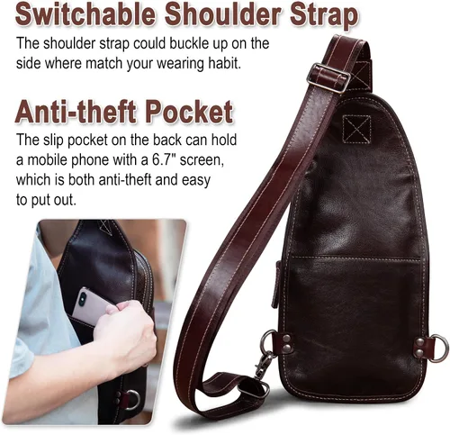 Miniatura 5 de CENUNCO Geniune - Bolso bandolera de cuero para hombres y mujeres, bolso cruzado para el hombro, mochila para el pecho