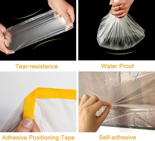 Miniatura 3 de Muf 2 x 65 pies de tela plástica para goteos, lámina de plástico con cinta adhesiva, película de enmascaramiento protectora impermeable, previene