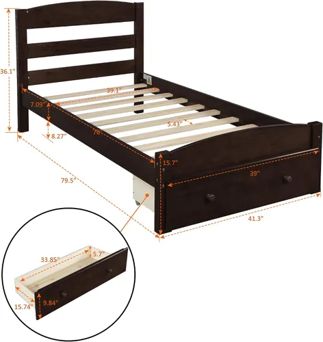 Miniatura 2 de SOFTSEA Base de cama de tamaño individual con cajones de almacenamiento, plataforma de madera maciza moderna de mediados de siglo con cabecero,