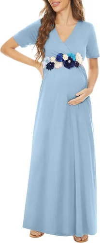 Miniatura 5 de Kim S Vestido largo de maternidad con banda de flores (S-3XL), vestido de fiesta baby shower con cuello en V fruncido