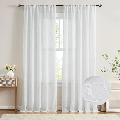 Miniatura 9 de Vision Home Cortinas con textura de lino transparente floral de 84 pulgadas, paneles de ventana bordadas con estampado de hojas para sala de estar
