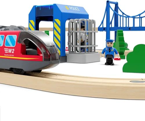 Miniatura 4 de Accesorios de tren de madera de la estación de policía y el tren de control remoto se adapta al juego de pista de madera para niños pequeños