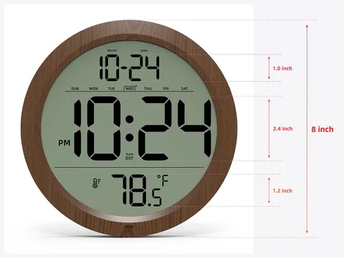 Miniatura 3 de Reloj de pared digital con fecha, temperatura interior, DST automático, reloj digital a batería, reloj de pared pequeño de madera decorativo de 8