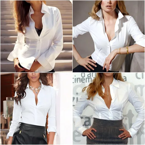 Miniatura 3 de HOTOUCH Camisas de mujer con botones de manga larga, camisa de vestir ajustada, blusas de trabajo, cuello, elegantes, casuales, de negocios