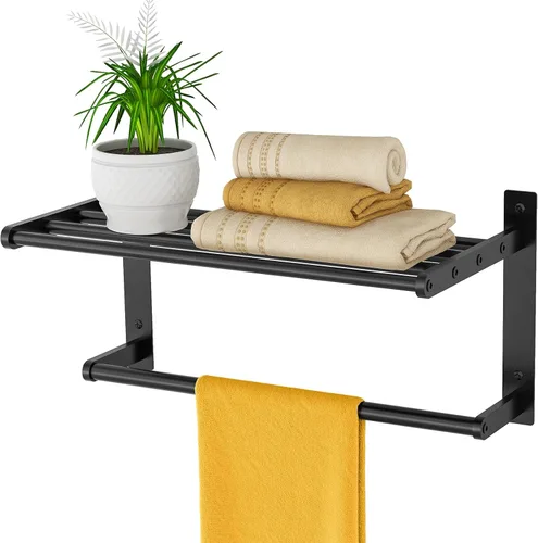 Miniatura 7 de Estante de baño con toallero, toalleros de metal de 16 pulgadas para montaje en pared de baño, toallero a prueba de óxido con estante soporte