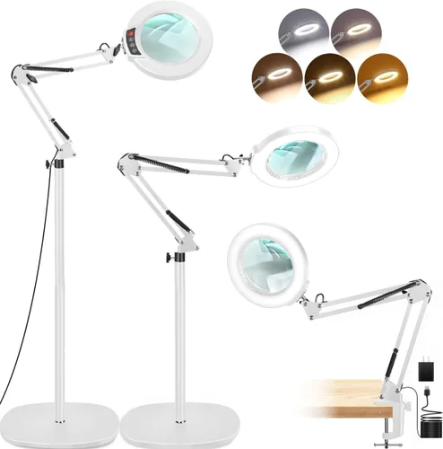 LANCOSC 10X Lupa con luz y soporte, lámpara de pie oscilante ajustable 3-en-1, 5 modos de color, atenuación sin escalones, lupa manos libres con luz