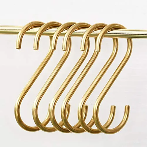 YANGQIHOME 6 piezas, ganchos en forma de S de latón, perchas de toallas de ropa para abrigos, ollas de cocina, sartenes y tazas de café, ganchos oro