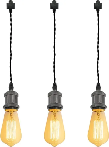 Kiven 3 luces H System Track Mini colgante, soporte de lámpara con acabado negro perla, kit de luces de riel, colgante de rosa, tela trenzada de