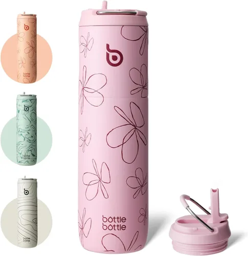 Miniatura 22 de BOTTLE BOTTLE Botella de agua aislada de 24 onzas con tapa de popote y asa para deportes, viajes, gimnasio, botellas de agua de acero inoxidable