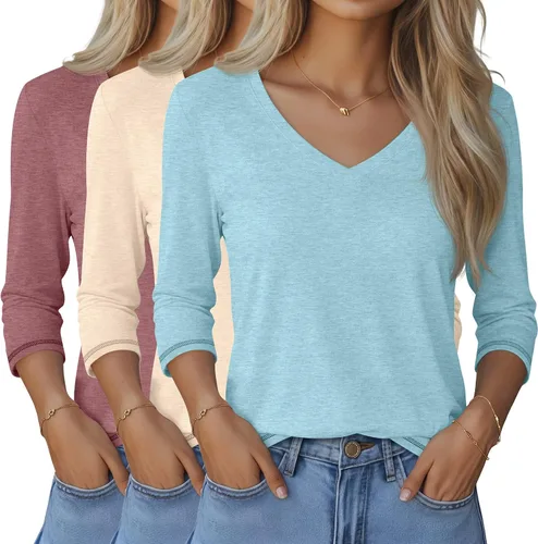Miniatura 20 de Ficerd Paquete de 3 camisetas de manga 3/4 para mujer, cuello en V, blusas holgadas, blusas casuales, ropa de moda 2026
