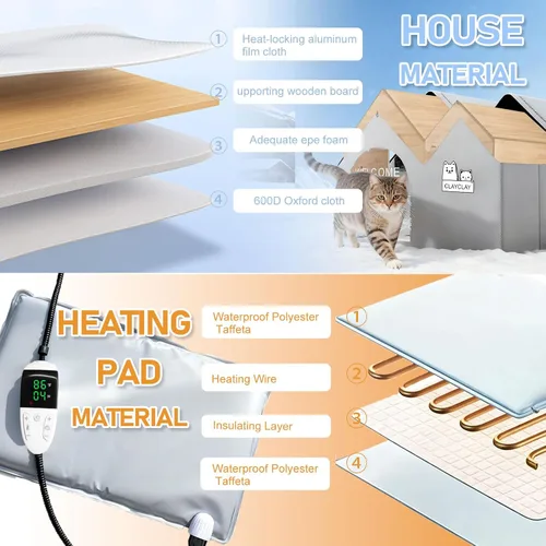 Miniatura 4 de Casa resistente para gatos con calefacción para invierno, casa para gatos al aire libre con aislamiento impermeable, con almohadilla térmica