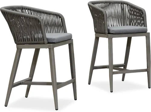 Miniatura 10 de PURPLE LEAF Juego de 2 taburetes de bar de altura de mostrador de aluminio moderno de mimbre de ratán con respaldo y cojín para cocina, césped, Gris