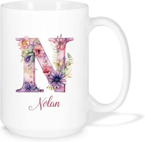 Miniatura 14 de Taza de café personalizada de la letra A del alfabeto, Taza de café blanca con nombre personalizado único, Taza inicial de monograma floral