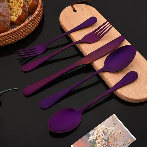 Miniatura 8 de JASHII Juego de cubiertos de 20 piezas con acabado satinado, servicio para 4, juego de cubiertos de titanio, juego de utensilios de color morado