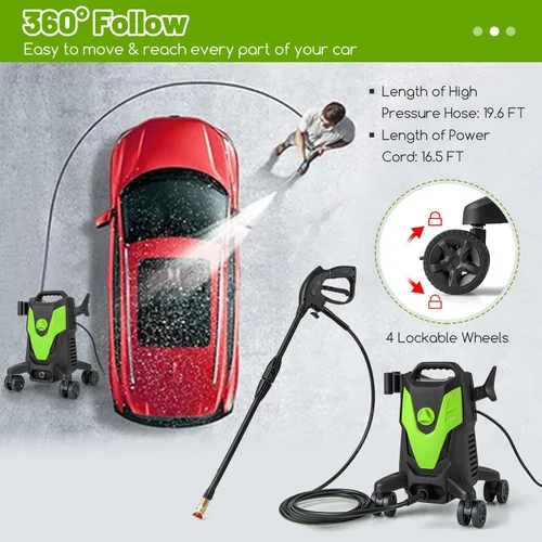 Miniatura 6 de Goplus Lavadora a presión eléctrica, 2400 PSI 1.7 GPM Lavadora de alta presión con 4 boquillas rápidas y ruedas universales, lavadora a presión