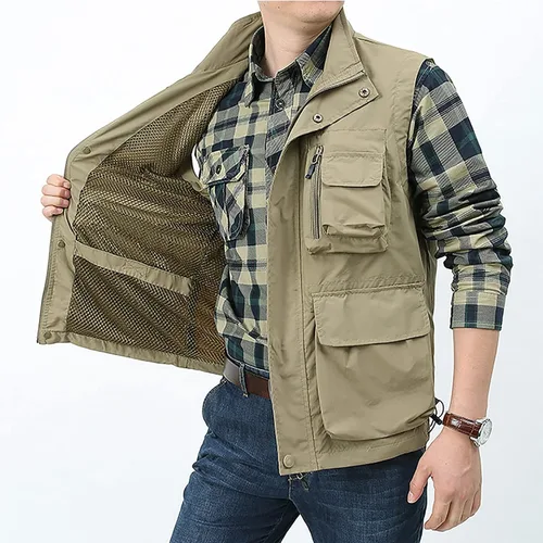 Miniatura 4 de BOOMLEMON Chaleco casual de trabajo al aire libre para hombre, chaleco de tiro para pesca de safari, chaqueta ligera de viaje con múltiples bolsillos