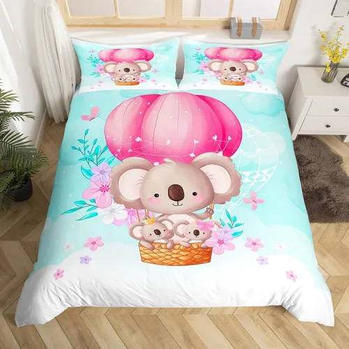 Manfei Lindo juego de funda de edredón de koala tamaño individual, juego de ropa de cama de globo aerostático rosa, 2 piezas para decoración de