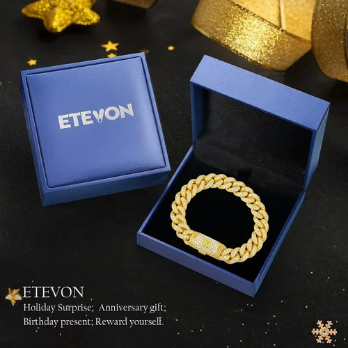 Miniatura 5 de ETEVON - Pulsera con inicial para hombre cadena de eslabones cubanos con cierre de caja circonita cúbica personalizada para él para marido novio San