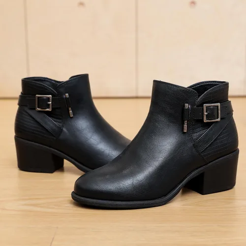 Miniatura 5 de Luoika Botines anchos para mujer, botas cortas negras y marrones con tacón bajo y cremallera lateral.