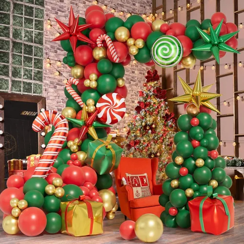 Miniatura 4 de Kit de arco de globos de Navidad de 171 piezas, globos rojos, verdes y dorados, globos de caja de regalo de caramelos, globos de papel de aluminio