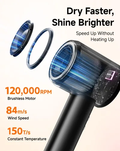 Miniatura 7 de Secador de pelo profesional con difusor para cabello rizado, secador iónico negativo de 1,312.3 ft para secado rápido, motor sin escobillas de alta