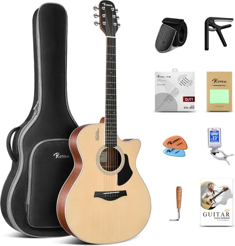 Miniatura 10 de Rosen Guitarra acústica Dreadnought de tapa sólida de 104 cm con abeto, para principiantes, con libro, bolsa acolchada, cuerdas, púas, llave Azul