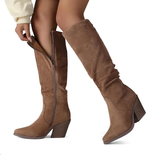 Miniatura 6 de Putu Botas altas hasta la rodilla con punta puntiaguda para mujer, botas de tacón grueso apiladas, con cremallera lateral, botas altas holgadas